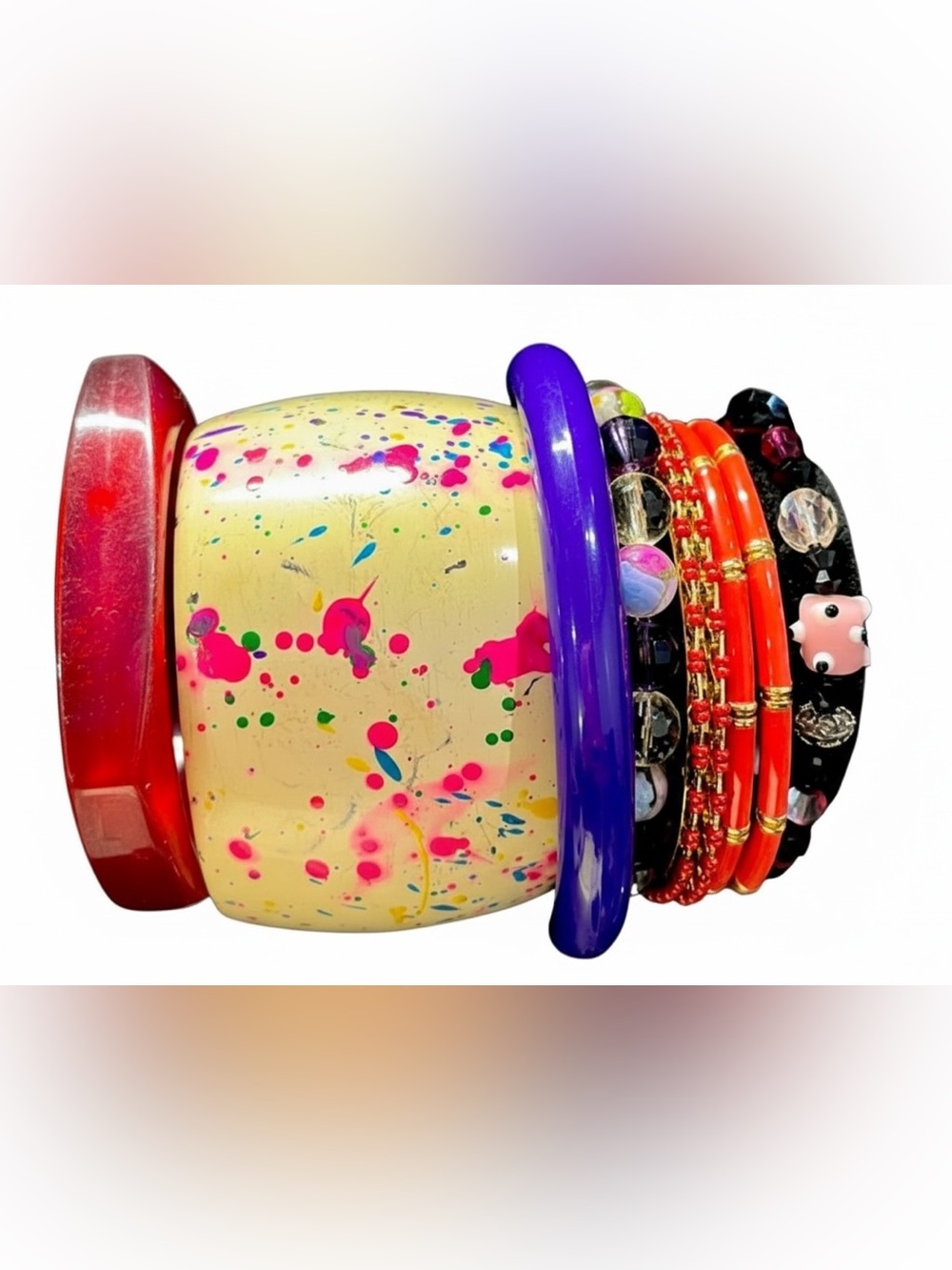 VTG 80s Resin Bangle Bracelet Stack Paint Splatter Chunky Acrylic Cuff Set - Picture 4 of 6
